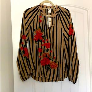 Anthropologie Tan & Black Striped Blouse
